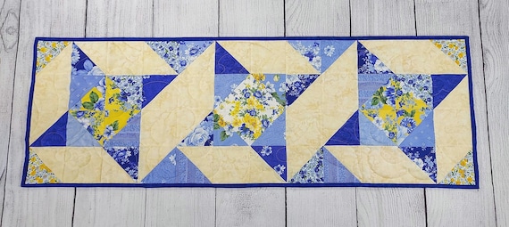 Star Table Runner, Quilted Table Runner, French Country Table Runner, Blue and Yellow Table Runner, Floral Table Runner, Blue & White Runner