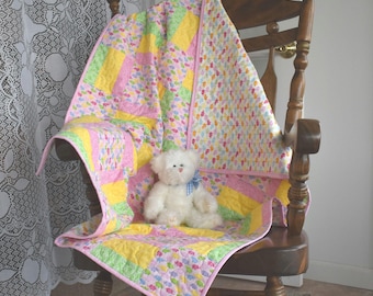 Baby Girl Quilt, Handmade Baby Girl Quilt, Patchwork Baby Girl Quilt, Pink Elephants Baby Quilt