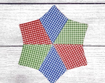 Mug Rug, Quilted Mug Rug, Fabric Mug Rug, Reversible Mug Rug, Star Mug Rug, Bright Mug Rug, Checks Mug Rug