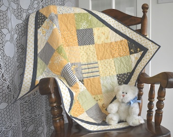 Gender Neutral Baby Quilt "Pepper and Flax" by Moda with colors in Gray Yellow Green White