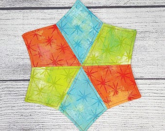 Mug Rug, Quilted Mug Rug, Fabric Mug Rug, Bright Colors Mug Rug, Star Mug Rug, Reversible Mug Rug, Moda Fabric Mug Rug