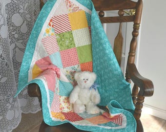Baby Girl Quilt "Mama's Cottage" by Moda with colors in Pink Blue Red Green Orange Yellow