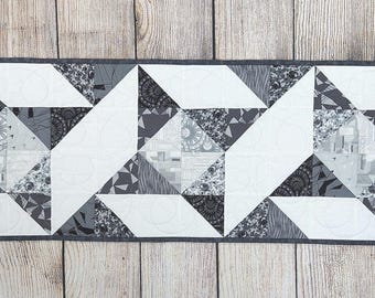 Star Table Runner, Quilted Table Runner, Modern Table Runner, Gray Black and White Table Runner, Black Table Runner, Gray Table Runner