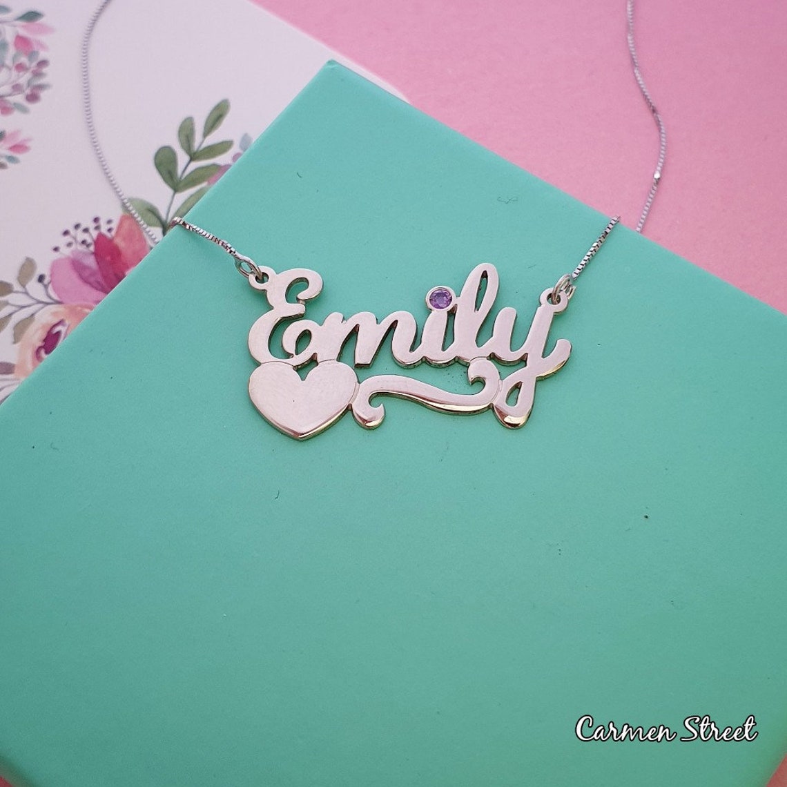 Lily Style Name Necklace Heart with Birthstone Nameplate Etsy