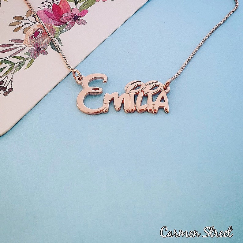 Personalized Disney Name Necklace Yellow Gold or Rose Gold Emily Charm