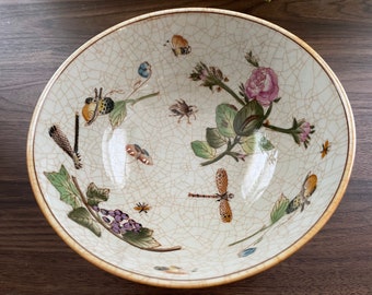 Gorgeous Quinlong era large decorative polychrome bowl with vivid detailed garden scenes of birds insects and flowers