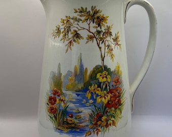 Grote Vintage Cream Pitcher, mogelijk York, Asian Garden, Nature Scene, Gold Trim