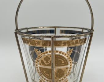 Vintage Culver CUV80 glazen ijsemmer met metalen caddy, geometrisch goud/bloemen op kom