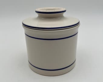 Vintage Norpro Stoneware Butter Crock w/Bell, Cream/Navy