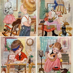 May include: A vintage illustration of four children engaged in different activities. A girl in a striped dress and hat irons a piece of fabric, a girl in a red dress plays a mandolin, a boy in a blue and white striped shirt and overalls stands with a knitting needle, and a boy in a red shirt draws on a piece of paper.