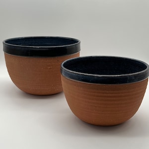 Hand Thrown Pottery Terracotta Mixing Bowls, Dark Denim Blue Glaze, set of 2, signed Susan