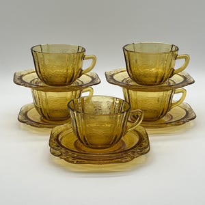 Vintage Federal Madrid Amber Depression Glass Cups (5), Saucers (6), AS IS, Stained Glass Project