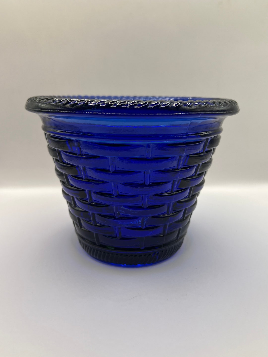 Vintage Cobalt Blue Glass Basket Weave Flower Pot Etsy