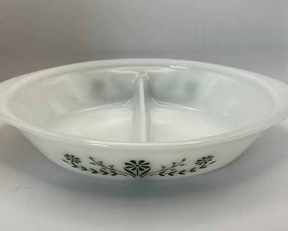 White Glass Divided Casserole Dish With Moss Green Flowers 