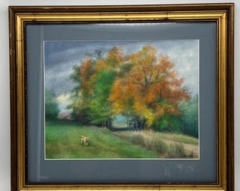 1994 Framed/Matted Pastel by Joanne M. Noyes, “Gray Afternoon in Kirby with Gus (the Golden).”