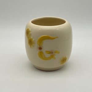 Può includere: Vaso in ceramica color crema con disegni floreali gialli e la lettera "G". Il vaso ha una forma arrotondata con un'ampia apertura. Gli accenti gialli contrastano con lo sfondo color crema. Il vaso è probabilmente per scopi decorativi.