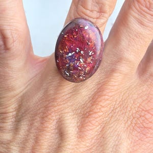 Handmade Magenta & Silver Resin Oval Ring, Crimson Purple Statement Cocktail Ring, Adjustable Silver Band, Bold Mystical Gift for Her