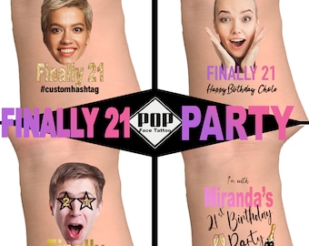 May include: Four different temporary face tattoos for a 21st birthday party. The tattoos feature a pink and purple design with the text "Finally 21" and "Party". One tattoo features a person's face with a party hat, another features a person's face with sunglasses, another features a person's face with a surprised expression, and the last tattoo features a champagne bottle and glasses with the text "Miranda's 21st Birthday Party".
