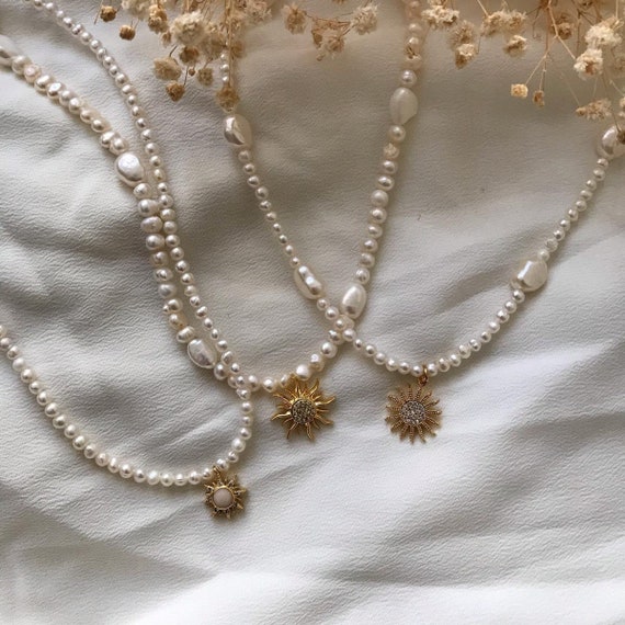 Cultured Pearl Gold Plated Sun Necklace 