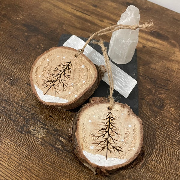 Christmas tree decorations. Yule natural decoration. Pyrography. Snowflake up cycled hand made