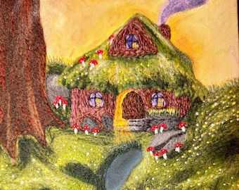 Witch&#39;s Cottage In The Forest, Felt Embroidered Wall Art, Cottage Artwork.