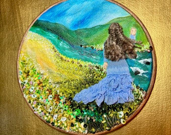 A Nature Loving Woman, Wandering The Wilderness, Watching the River Flow By. 3D Felt, Watercolour and Embroidery Art.