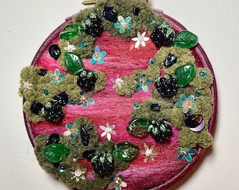 Summer Berries Mini Garden, Unique BlackBerry, Finished Felt Embroidery Wall Art Gift.