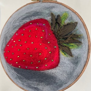 Original, Unique Embroidery Hoop Art, One Off Embroidery Wall Decor, Sexy Hand Stitched Strawberry, Embroidered Felt Fruit Wall Art