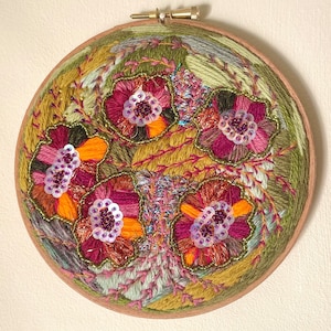 Abstract Flowers Finished Embroidery, Colourful Floral Hand Embroidered Wall Art.