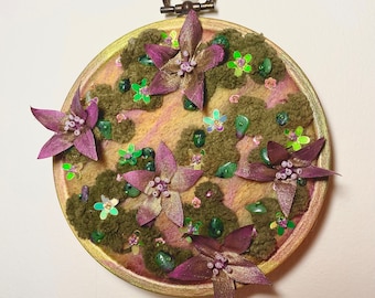 Spring Flowers Mini Garden, Unique Hand Embroidered Felt Wall Art Gift, Finished Hoop Art.