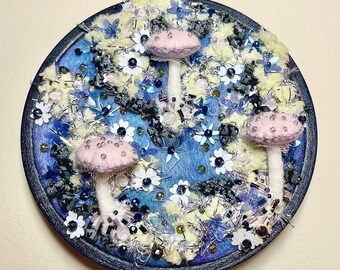 Frozen Winter Mushroom Mini Garden Hoop Art, Unique Finished Felt Embroidery Wall Art.