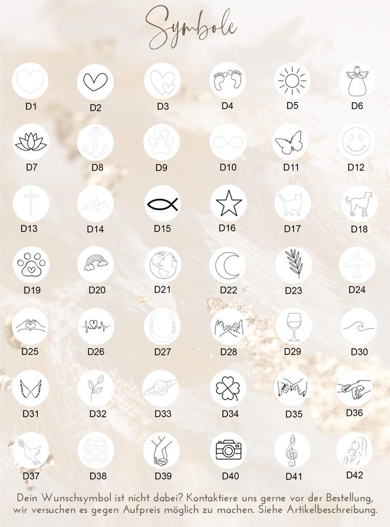 May include: A chart of 42 different symbols, each in a white circle with a black outline. The symbols are numbered D1 through D42. The chart is titled "Symbole".