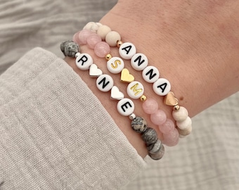 Personalized bracelet, natural stone, name, initial, heart, gold, rose gold, silver, gift, friendship bracelet, mom