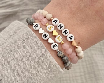 Bellrou | Armband personalisiert, Naturstein, Name, Initiale, Herz, Gold, Roségold, Silber, Geschenk, Freundschaftsarmband, Mama