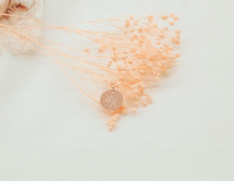 May include: A gold-toned pendant with a compass design and the word "NICE" engraved on it. The pendant is surrounded by dried flowers.