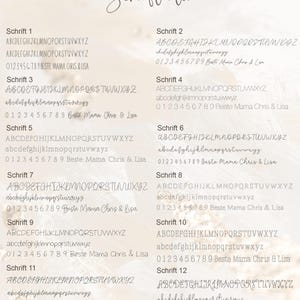 May include: A graphic showing 12 different fonts, labeled "Schrift 1" through "Schrift 12". Each font is shown with the alphabet in uppercase and lowercase, followed by the numbers 0 through 9. The text "Beste Mama Chris & Lisa" is shown in each font.