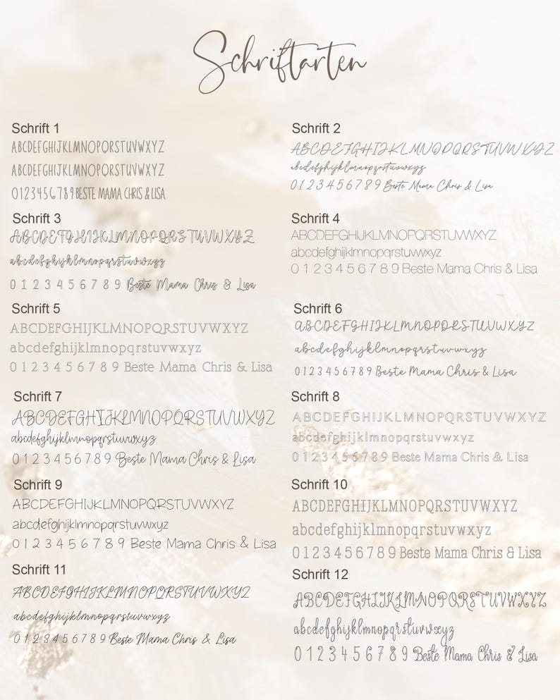 May include: A graphic showing 12 different fonts, labeled "Schrift 1" through "Schrift 12". Each font is shown with the alphabet in uppercase and lowercase, followed by the numbers 0 through 9. The text "Beste Mama Chris & Lisa" is shown in each font.