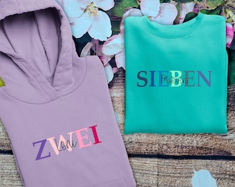 Geburtstagspullover für Mädchen Jungen | Zahlen Hoodie | Geburtstagspulli personalisiert mit Namen | Geburtstag 1 2 3 4 5 6 7 8 9 Jahre