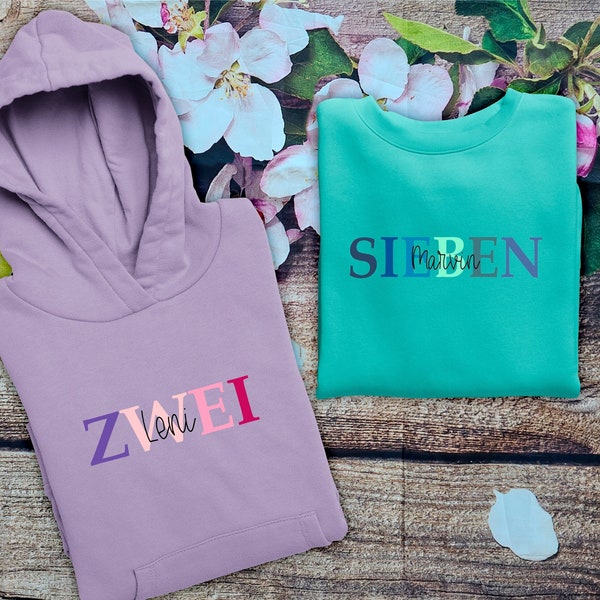 Geburtstagspullover für Mädchen Jungen | Zahlen Hoodie | Geburtstagspulli personalisiert mit Namen | Geburtstag 1 2 3 4 5 6 7 8 9 Jahre