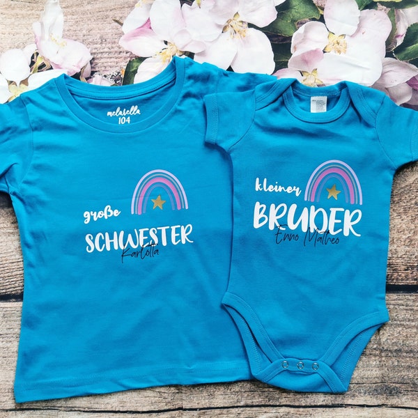 Geschwister Outfit Mädchen Jungen | mit Regenbogen und Namen personalisiert | Großer Bruder  | Kleine Schwester |  T-Shirt Langarm Babybody