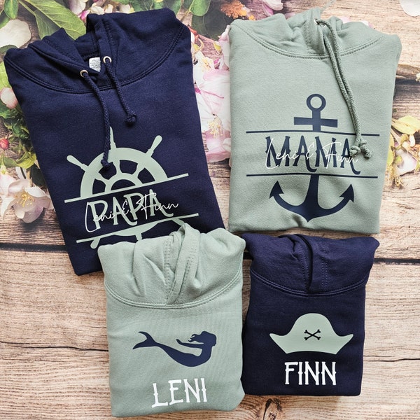 Maritime Familien Hoodies mit Namen | Familienoutfit | Familien Hoodies | Vater Sohn Mutter Tochter Partnerlook Hoodies