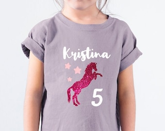 Geburtstagsshirt Mädchen Pferd | Personalisiertes Glitzer Shirt mit Name & Zahl | Pferde Geschenk  | Geburtstags T-Shirt 3 4 5 6 7 8 9 10