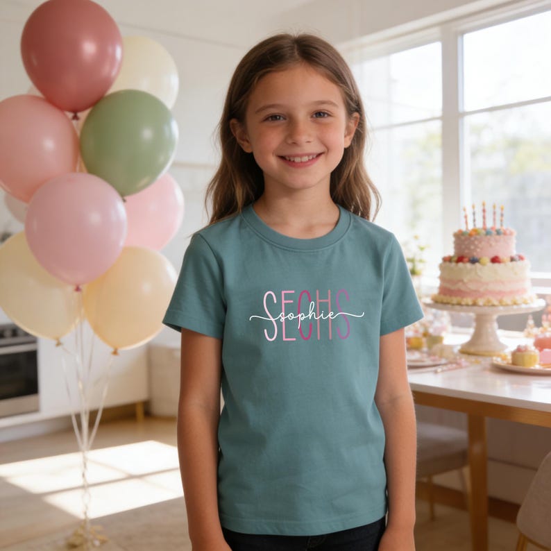 May include: A teal short-sleeved t-shirt featuring the name Sophie in white cursive script layered over the word SECHS in vertical pink and purple block letters. The shirt has a crew neckline and a straight hem, providing a simple and clean look.