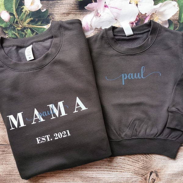 Personalisierter Mom EST 2022 Mama Est 2024 Pullover Pulli Sweatshirt Unisex Sweater mit Kindernamen Damen