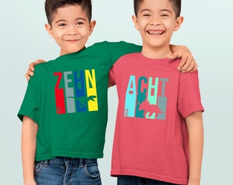 Geburtstagsshirt Dinosaurier Junge Langarm Kurzarm | Geburtstags T-Shirt personalisiert mit Zahl und Namen | Geschenk 2 3 4 5 6 7 8 9 Jahre