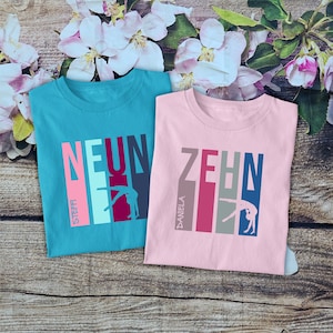 Gymnastics Birthday Shirt for Girls, Long Sleeve/Short Sleeve | Personalized Birthday T-Shirt with Number and Name | Gift for Ages 5, 6, 7, 8, 9, 10
