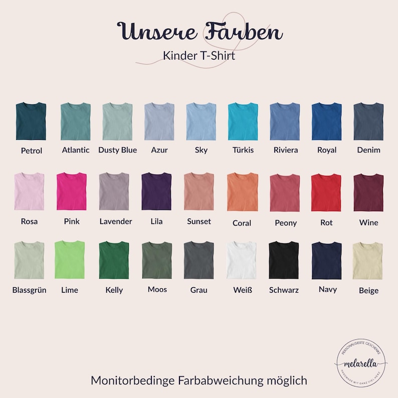 May include: A color chart for children's t-shirts titled Unsere Farben Kinder T-Shirt, displaying twenty-four fabric swatches in various shades including petrol, pink, lavender, lime, and navy, with the text melarella at the bottom right.