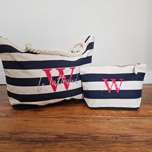 Maritime Tasche mit Streifen & Kordel | Strandtasche XXL | Shopper Canvas  | Tasche mit Namen | Taschen Set | Kosmetiktasche personalisiert