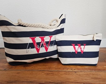 Maritime bag with stripes & cord | Beach bag XXL | Shopper Canvas | bag with name | Bag Set | Cosmetic bag personalized