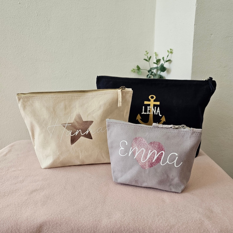 Personalized cosmetic bag with name Anchor Star Heart Toiletry bag made of solid canvas cotton Toiletry bag women's small large image 1